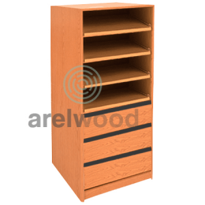 Estantería-Cajonera a Medida Montada, Frente Bandeja (4 Estantes)+(3 Cajones 16 cm)